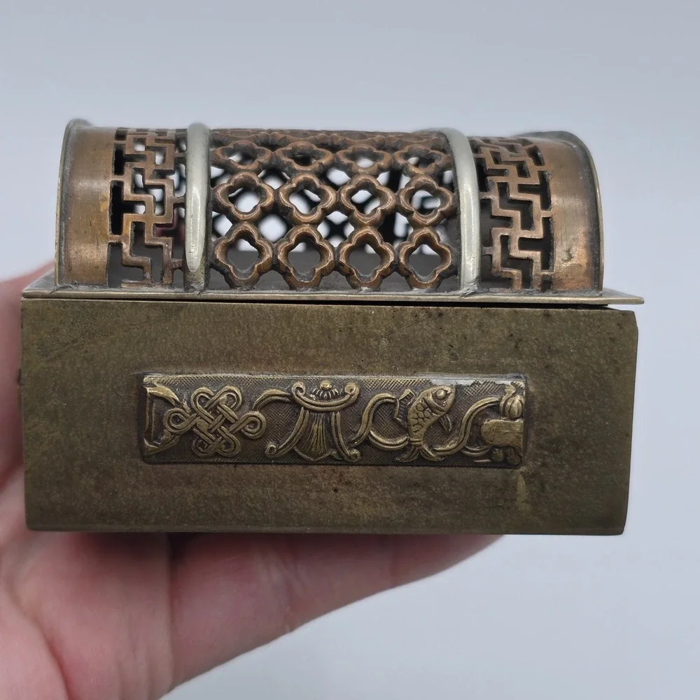 Antique Chinese Brass Jewelry Trinket Box Hinged Vtg Unique
